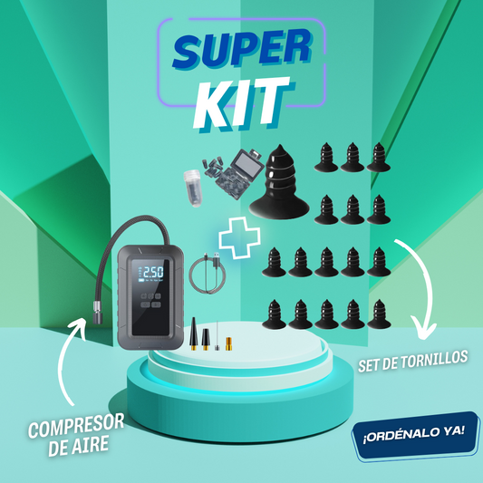 KIT COMPRESOR DE AIRE PORTÁTIL + SET DE TORNILLOS Y DESTORNILLADOR PARA REPARACIÓN DE LLANTAS